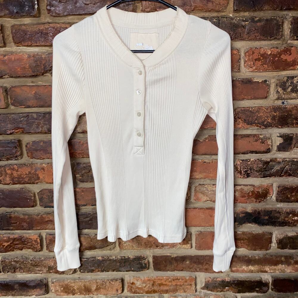 Aerie Road Trip Cream Ribbed Knit Long Sleeve Henley Top Women's Size Small - Picture 2 of 6